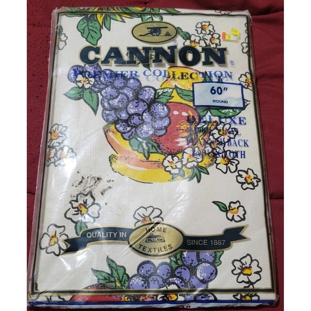 Cannon Vinyl Flannel Backing Tablecloth 60" Round Fruits NEW Vintage